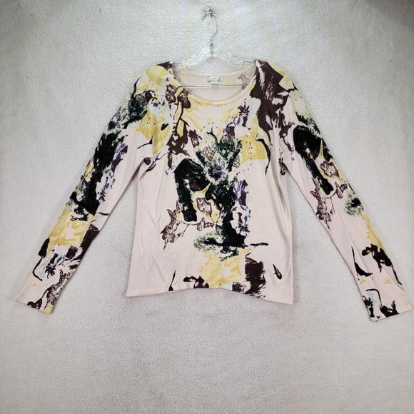Lapis Tops - Lapis Beige Abstract Floral Sequin Knit Long Sleeve Round Neck Top Blouse